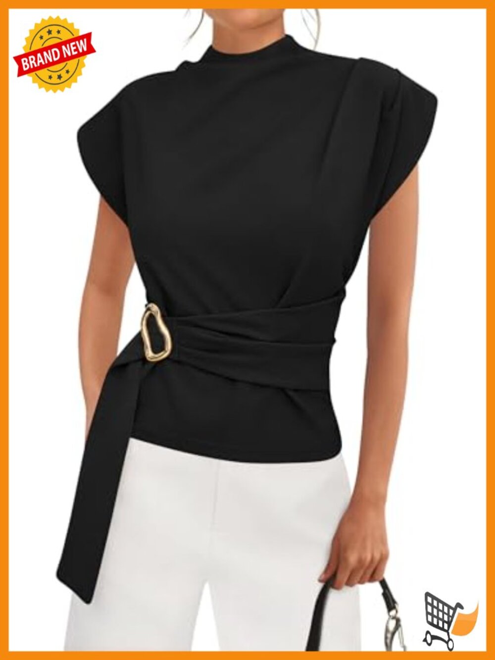 Women's Cap Sleeve Mock Neck Tunic Blouse with Gold Buckle, Cotton Blend